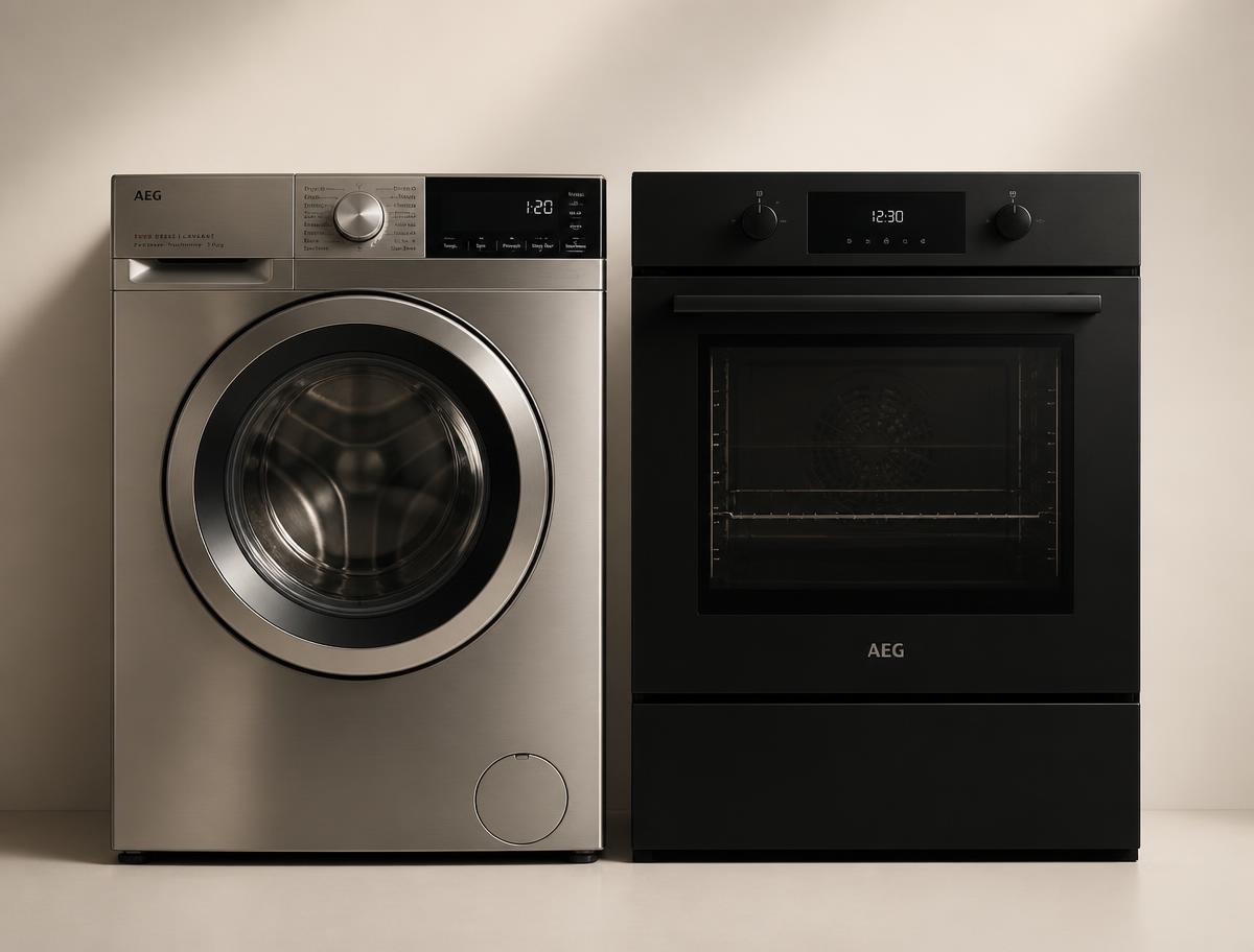 Stainless steel washing machine beside a matte black oven